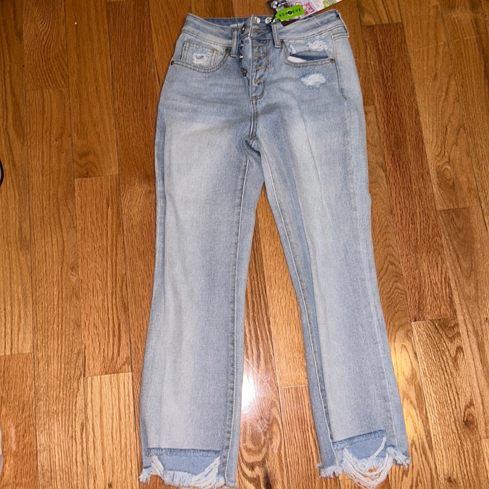 High rise blue cropped kick bell jeans that are eco friendly